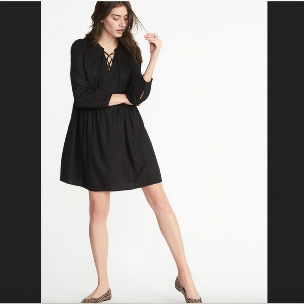 Old Navy Black Lace Up Pintucked Swing Dress